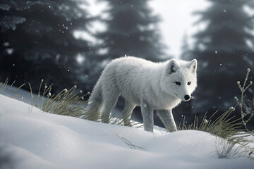 Obraz na płótnie Canvas Arctic Fox Prowling in the Snowy Forest photorealism made