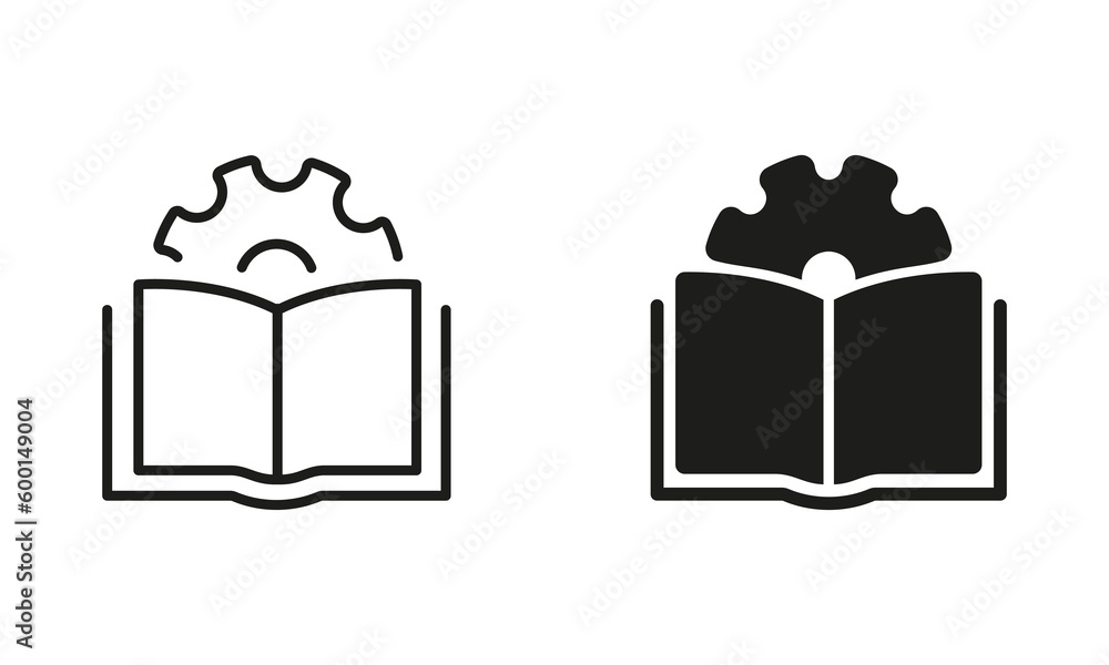 Poster user manual document line and silhouette icon set. technical guide book pictogram. customer guide, t