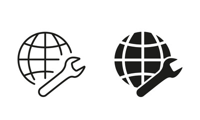 Globe and Wrench Line and Silhouette Icon Set. Network Settings Pictogram. Internet Settings Symbol Collection. Isolated Vector Illustration