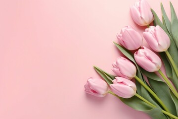 Spring Tulip Flowers on Pink Background, Top View in Flat Lay Style. Generative ai