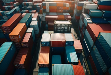 Stack of freight shipping containers in port at the sunset, cargo shipping terminal. AI generative