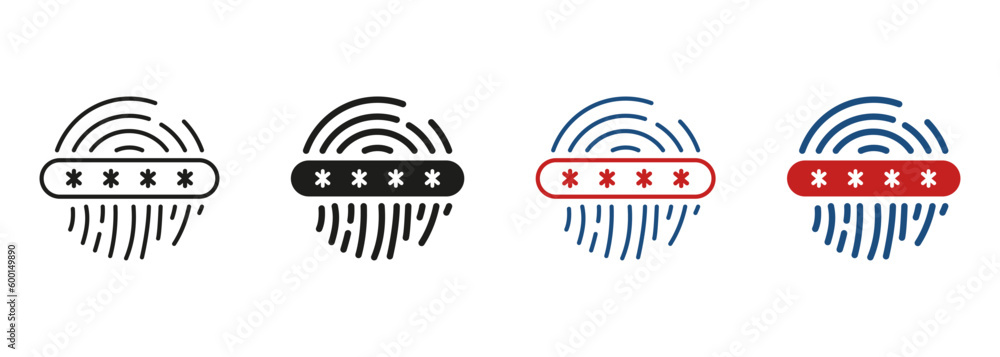 Poster fingerprint password, thumbprint code symbol collection. touch id, privacy line and silhouette icon 