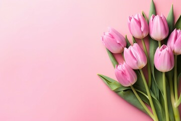 Obraz na płótnie Canvas Spring Tulip Flowers on Pink Background, Top View in Flat Lay Style. Generative ai