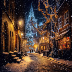 Fototapeta na wymiar christmas tree in the town, snowfall, people walking on the street, generative ai