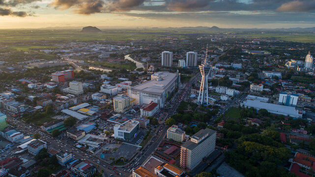 Aerial view of Alor Setar town with beautiful clouds in the evening