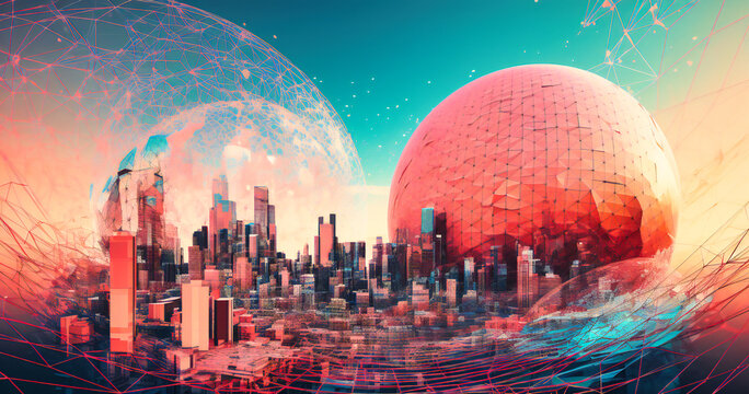 a city with an image of the world globe and digital lines
