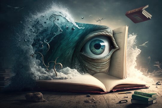 Surreal image of an open book with an eye