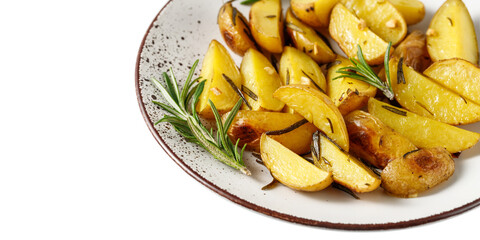 Fresh baked potatoes with olive oil, rosemary and garlic on vintage plate closeup isolated