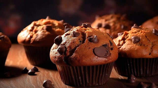 Delicious freshly baked muffin on the table. A few muffins with chocolate .High quality Generative AI