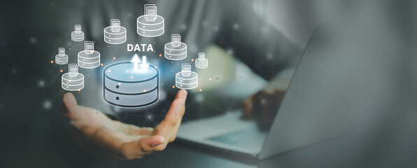 Database management cloud computing or data center cyber security file document transfer or business administrator analysis to growth and service information technology system concepts.