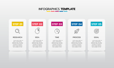 Fototapeta na wymiar Business infographic template process with simple geometry square, rectangle, circle, triangle, curves in flat design template with thin line icons and 5 options or steps. Vector illustration.
