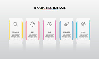 Business infographic template process with simple geometry square, rectangle, circle, triangle, curves in flat design template with thin line icons and 5 options or steps. Vector illustration.