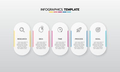 Business infographic template process with simple geometry square, rectangle, circle, triangle, curves in flat design template with thin line icons and 5 options or steps. Vector illustration.