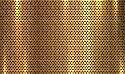 Gold metal background with perforated holes. Gold perforated metal plate. Technology background with circle perforated (carbon) speaker grill texture. Chrome metal surface. Vector illustration EPS10.
