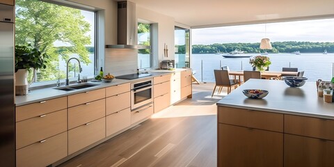 Enjoy the Best of Both Worlds: A Functional and Beautiful Kitchen with Ample Storage Space and a Serene Lake View, Generative AI