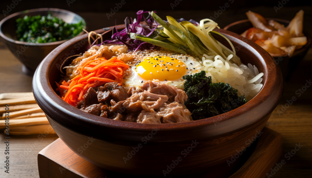 Wall mural Experience the vibrant and diverse flavors of Korea with Bibimbap, a traditional dish that's packed with deliciousness. This colorful mix of rice, veggies, meat, and egg.