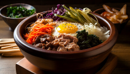 Experience the vibrant and diverse flavors of Korea with Bibimbap, a traditional dish that's packed with deliciousness. This colorful mix of rice, veggies, meat, and egg.