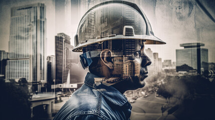Double exposure of a building engineer in helmet and skyscrapers. Industrial Theme. AI Generative