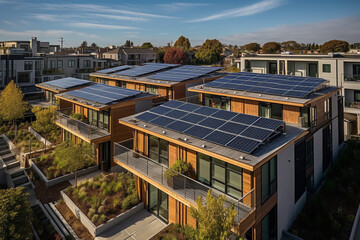 Eco friendly neighborhood with solar panels on houses roofs. AI Generative - obrazy, fototapety, plakaty