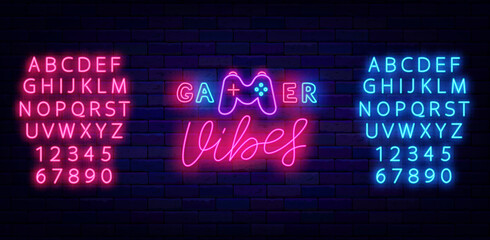 Gamer vibes neon sign on brick wall. Light label. Inscription with joystick. Game design. Vector stock illustration
