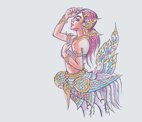 girl with hair in costume pencil color for card decoration illustration