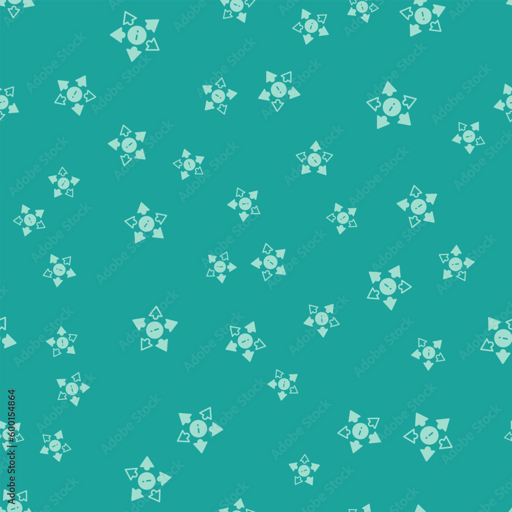 Poster green many ways directional arrow icon isolated seamless pattern on green background. vector