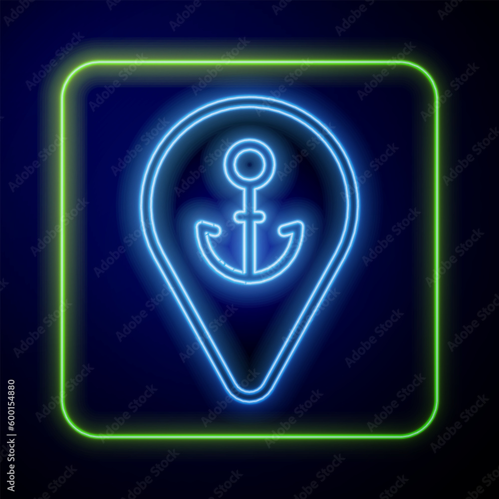 Poster glowing neon map pointer with anchor icon isolated on blue background. vector
