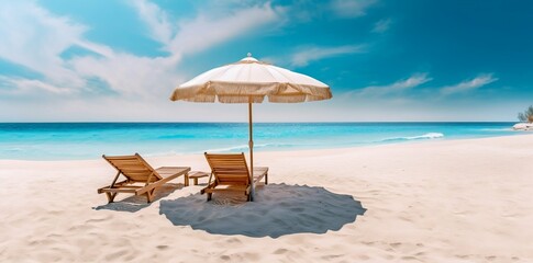 Chairs and Umbrella on Summer Beach Panorama Background. Generative ai