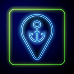 Glowing neon Map pointer with anchor icon isolated on blue background. Vector