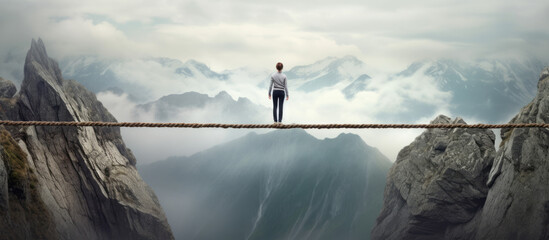 Fearless Woman Balancing on Rope Above Canyon: Embodying Courage and Determination. Generative AI.