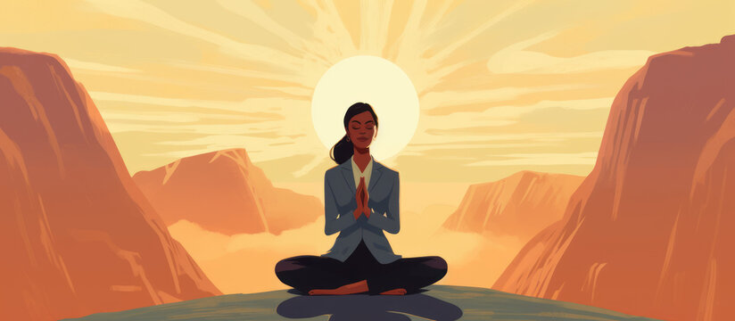 Serenity on the Summit: A Woman Meditating atop Mountain with Crossed Legs - Generative AI