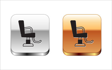 Black Barbershop chair icon isolated on white background. Barber armchair sign. Silver and gold square buttons. Vector