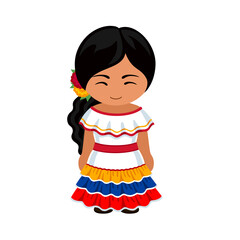 Woman in Venezuela national costume. Female cartoon character in traditional venezuelan ethnic clothes. Flat isolated illustration. 