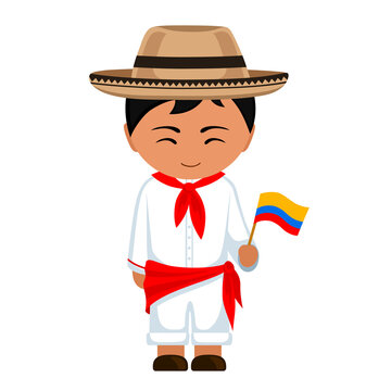 Man in Colombia national costume. Male cartoon character in traditional ethnic colombian clothes holding flag. Flat isolated illustration.