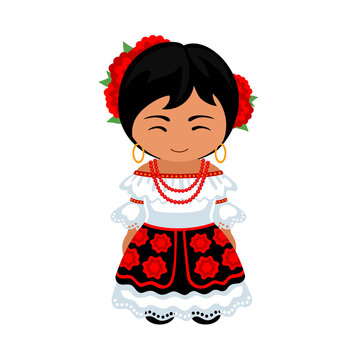 Woman in Colombia national costume. Female cartoon character in traditional colombian ethnic clothes. Flat isolated illustration. 
