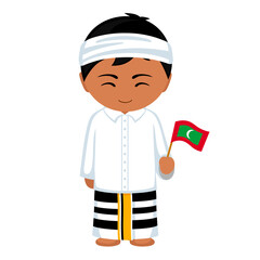Man in Maldives national costume. Male cartoon character in traditional maldivian ethnic clothes holding flag. Flat isolated illustration.