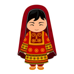 Woman in Afghanistan national costume. Female cartoon character in traditional afghan ethnic...