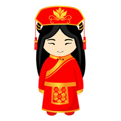 Woman in China national costume. Female cartoon character in traditional chinese ethnic clothes. Flat isolated illustration.