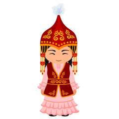 Woman in Kazakhstan national costume. Female cartoon character in traditional kazakh ethnic clothes. Flat isolated illustration.