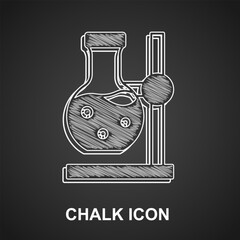 Chalk Glass test tube flask on stand icon isolated on black background. Laboratory equipment. Vector