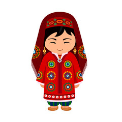 Woman in Tajikistan national costume. Female cartoon character in traditional tajik ethnic clothes. Flat isolated illustration.