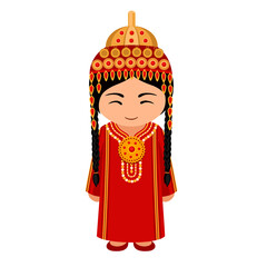 Woman in Turkmenistan national costume. Female cartoon character in traditional turkmen ethnic clothes. Flat isolated illustration.