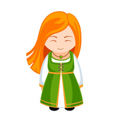 Woman in Ireland national costume. Female cartoon character in traditional irish ethnic clothes. Flat isolated illustration.