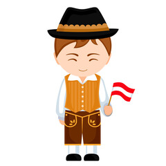 Man in Austria national costume. Male cartoon character in traditional austrian ethnic clothes holding flag. Flat isolated illustration.