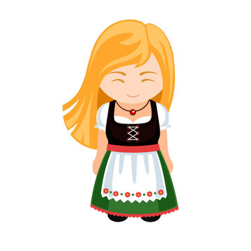 Woman in Germany national costume. Female cartoon character in traditional german ethnic clothes. Flat isolated illustration.