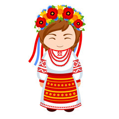 Woman in Ukraine national costume. Female cartoon character in ukrainian traditional ethnic clothes. Flat isolated illustration.