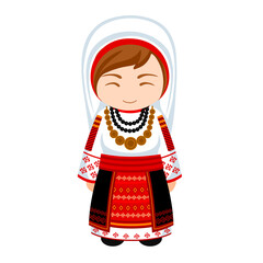 Woman in Romania national costume. Female cartoon character in traditional romanian ethnic clothes. Flat isolated illustration.