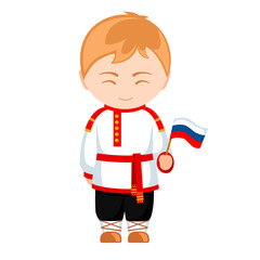 Man in Russia national costume. Male cartoon character in traditional russian ethnic clothes holding flag. Flat isolated illustration.