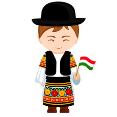 Man in Hungary national costume. Male cartoon character in traditional hungarian ethnic clothes holding flag. Flat isolated illustration.