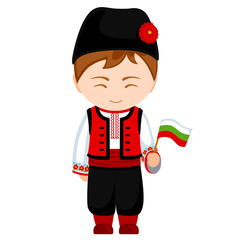 Man in Bulgaria national costume. Male cartoon character in traditional bulgarian ethnic clothes holding flag. Flat isolated illustration. - obrazy, fototapety, plakaty